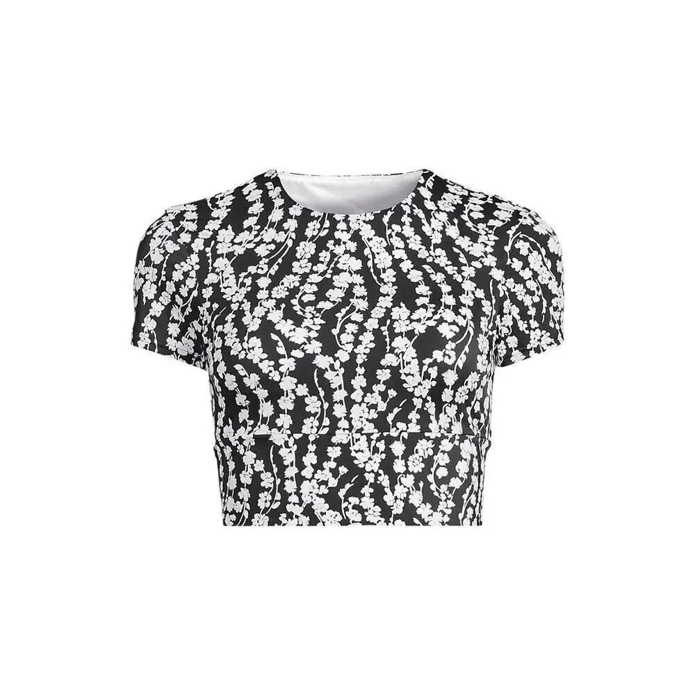 Land's End Tugless cap sleeve Midkini bikini top black white vine floral size 6D